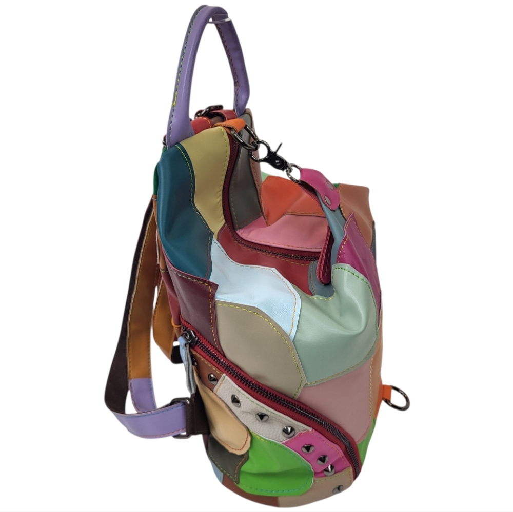 Colorful Leather Patchwork Backpack Purse - image 5